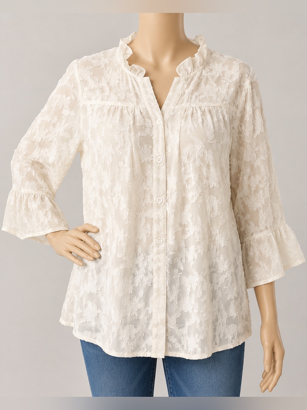 Agnes Orinda 3X Ivory Textured Chiffon Ruffle Blouse NWT Plus Size